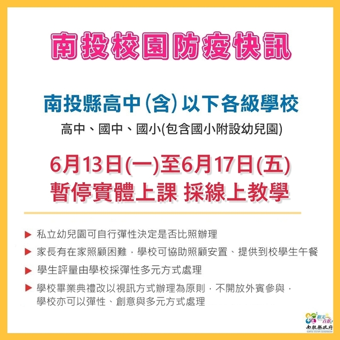 南投縣高中(含)以下各級學校自6月13日起至6月17日止，暫停實體課程改採線上教學一週